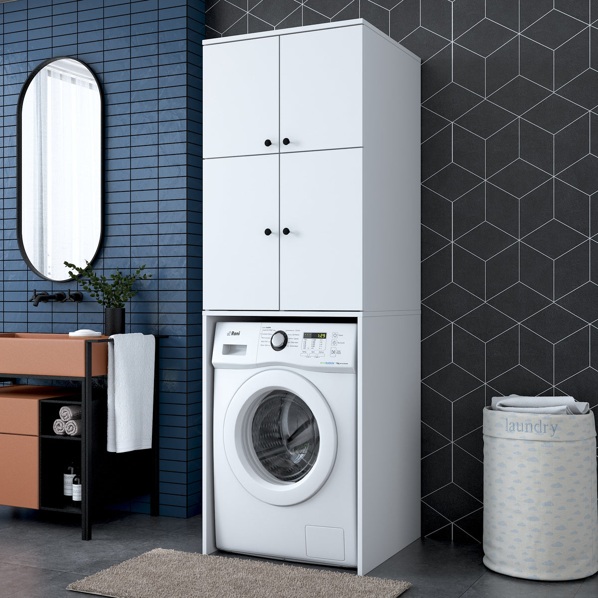 Rani KD120 Çamaşır Makinesi Dolabı 4 Kapaklı 5 Raflı Banyo Dolabı Beyaz