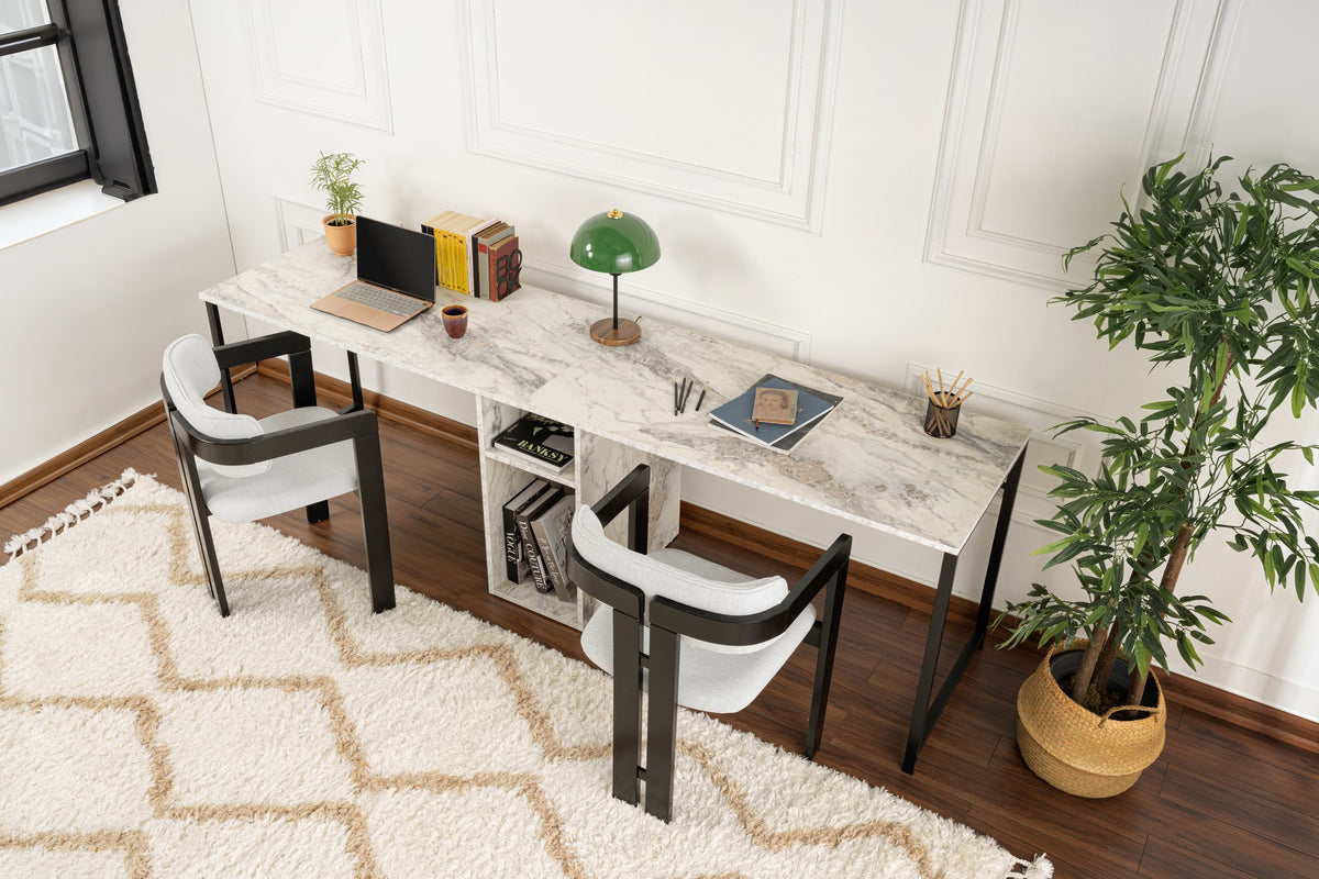 Rani Home Çalışma Masası Frezya Mermer Desenli Siyah Metal Ayaklı İki Kişilik 240CM HA-5277