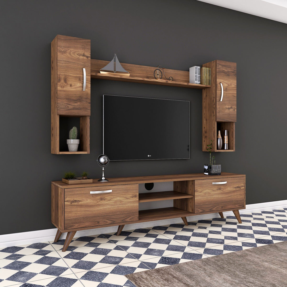Rani A9 Duvar Raflı Tv Ünitesi Kitaplıklı Tv Sehpası Duvara Monte Raflı Modern Ayaklı 180 cm Minyatür Ceviz M27