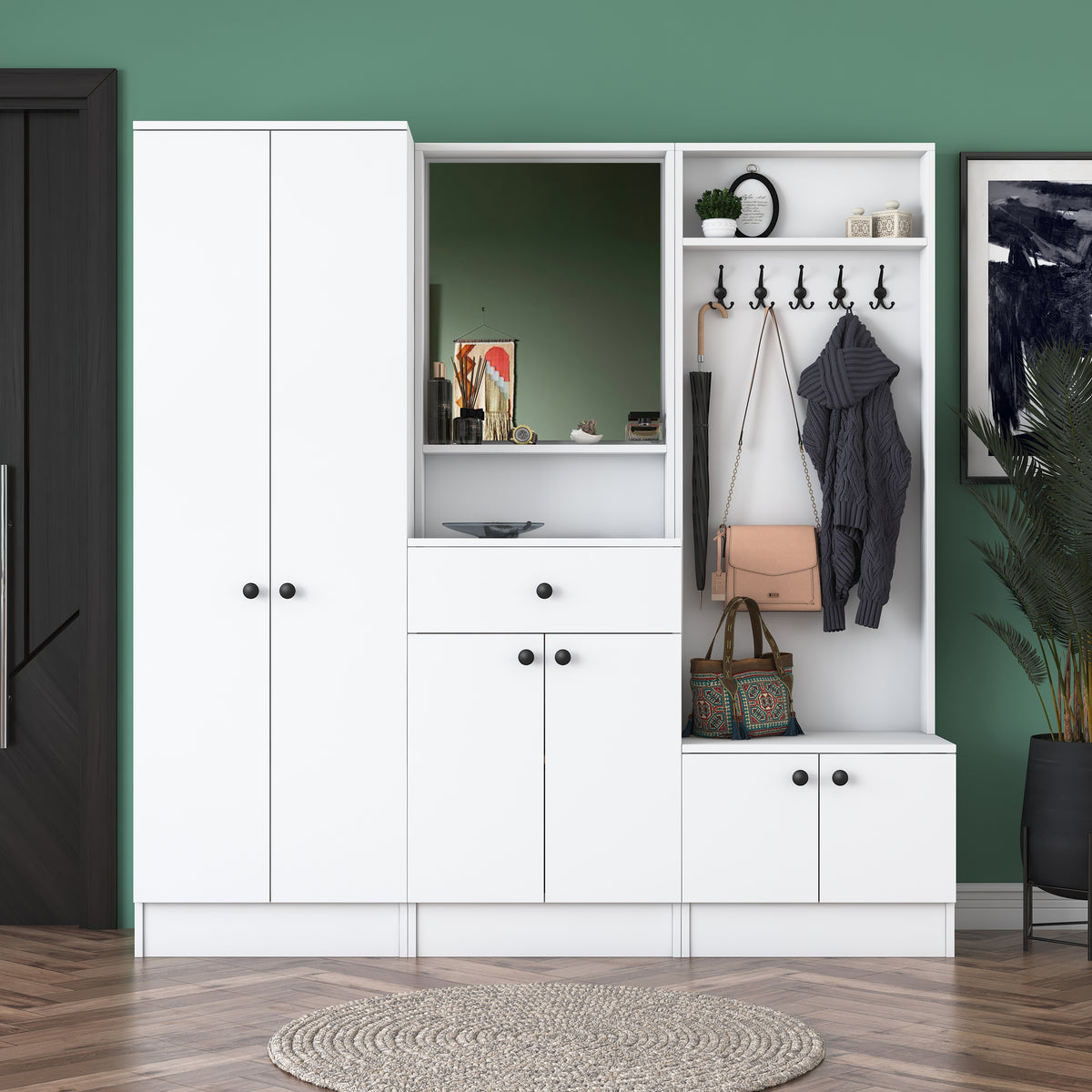 Rani P6 Modern Çekmeceli Aynalı Askılı Portmanto Ayakkabılık Vestiyer Beyaz M3