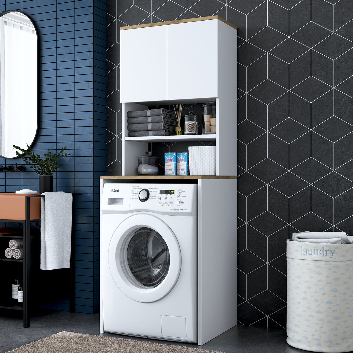 Rani KD101 Çamaşır Makinesi Dolabı 3 Raflı Kapaklı Banyo Dolabı Beyaz - Sepet Ceviz