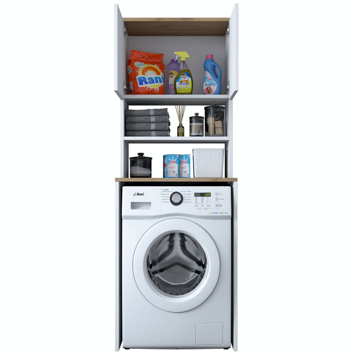 Rani KD101 Çamaşır Makinesi Dolabı 3 Raflı Kapaklı Banyo Dolabı Beyaz - Sepet Ceviz