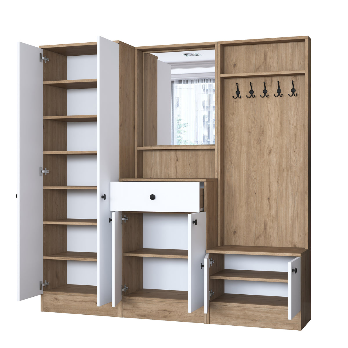 Rani P6 Modern Çekmeceli Aynalı Raflı Portmanto Ayakkabılık Vestiyer Sepet Ceviz - Beyaz M2