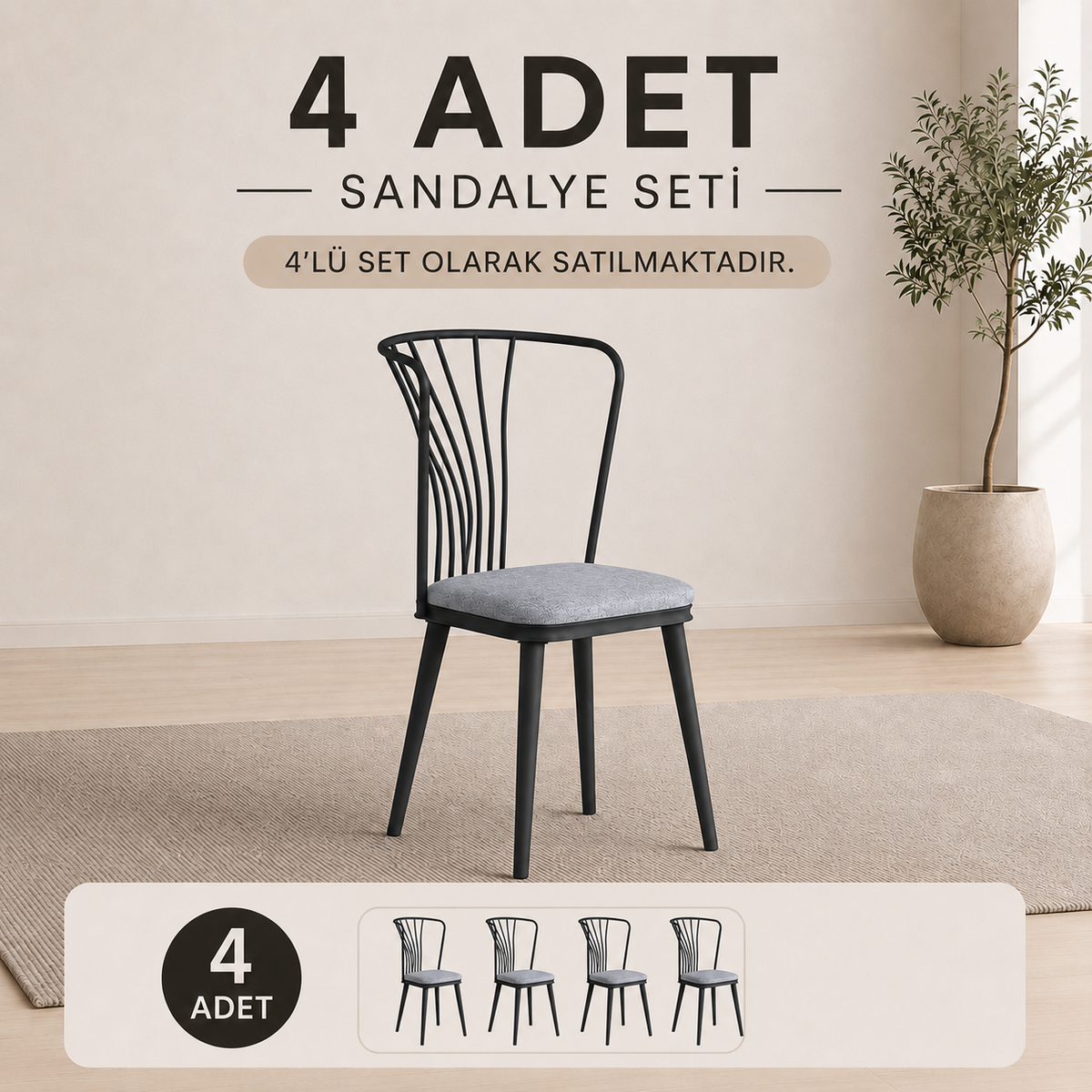 Rani JB104 Metal Sandalye 4'lü Mutfak Yemek Masası Sandalyesi Açık Gri