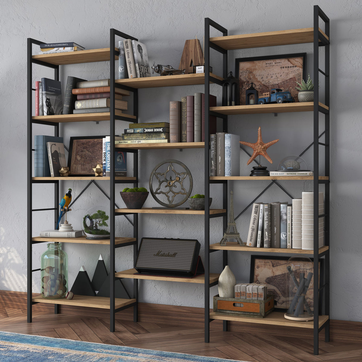 Rani HC107 Metal 14 Raflı Geniş Kitaplık Ofis Çalışma Odası Çocuk Odası Sepet Ceviz