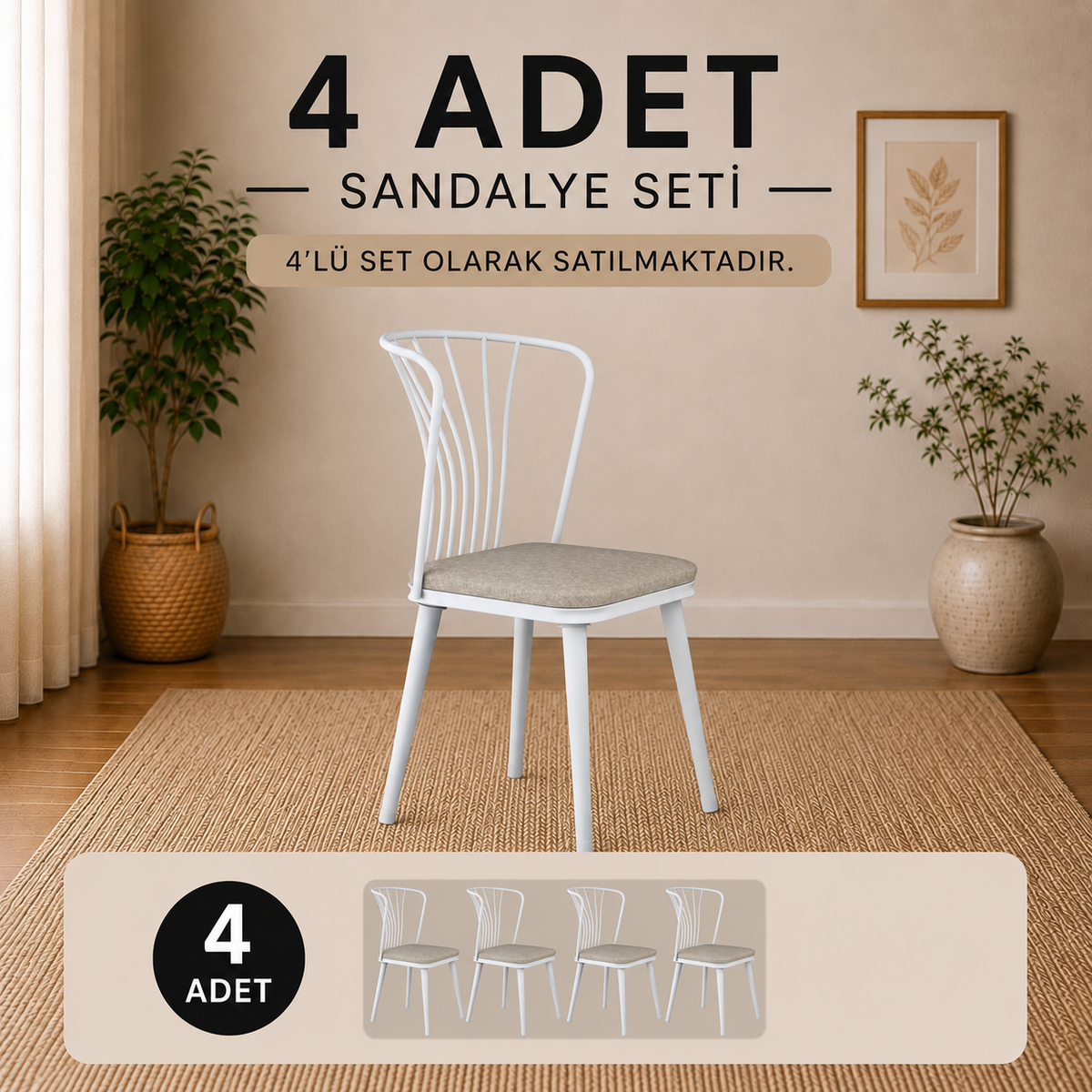 Rani JB104 Metal Sandalye 4'lü Mutfak Yemek Masası Sandalyesi Beyaz - Bej