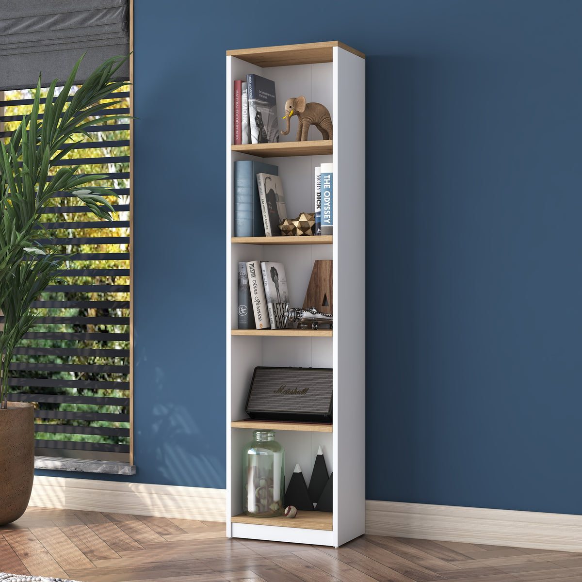 Rani HC111 Kitaplık 5 Raflı Çalışma Odası Kütüphane Modern Duvar Rafı Beyaz - Sepet Ceviz