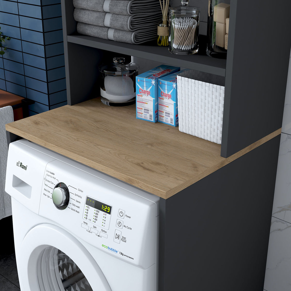 Rani KD101 Çamaşır Makinesi Dolabı 3 Raflı Kapaklı Banyo Dolabı Antrasit - Sepet Ceviz