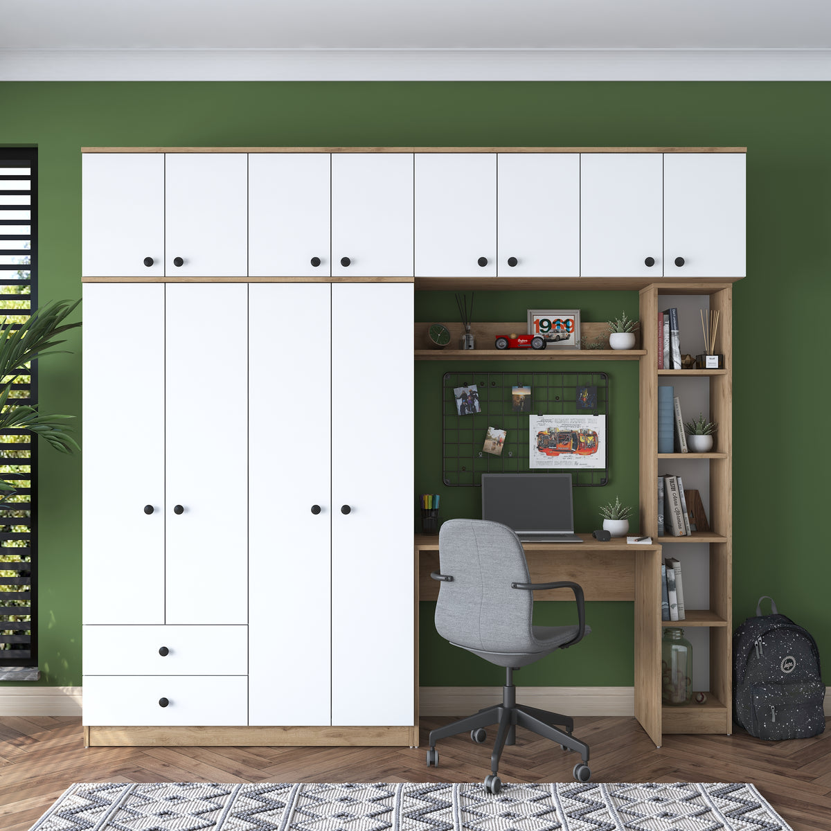 Rani BA122 Geniş Gardırop Açık Raflı Elbise Dolabı + Çalışma Masası + Kitaplık Sepet Ceviz - Beyaz 216 x 240 Cm