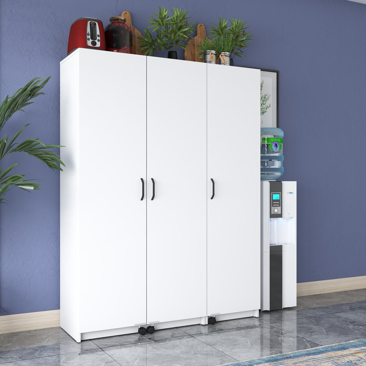 Rani JE109 Çok Amaçlı Dolap Tekerlekli Üç Kapaklı Kiler Erzak Mutfak Dolabı Beyaz