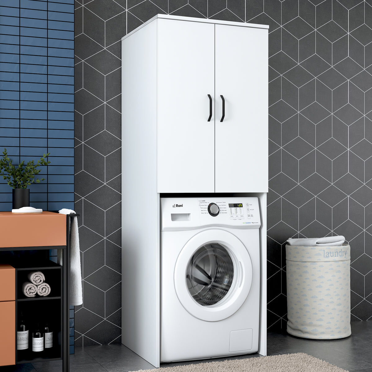 Rani KD119 Çamaşır Makinesi Dolabı 2 Kapaklı 2 Raflı Banyo Dolabı Beyaz