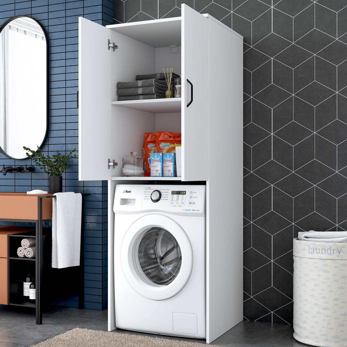 Rani KD119 Çamaşır Makinesi Dolabı 2 Kapaklı 2 Raflı Banyo Dolabı Beyaz