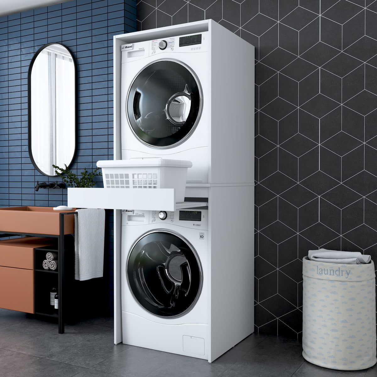 Rani KD123 Çamaşır Ve Kurutma Makinesi Dolabı Çekmeceli Banyo Dolabı Beyaz