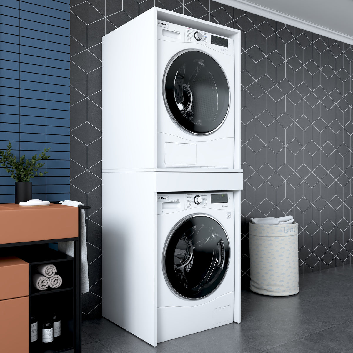Rani KD123 Çamaşır Ve Kurutma Makinesi Dolabı Çekmeceli Banyo Dolabı Beyaz