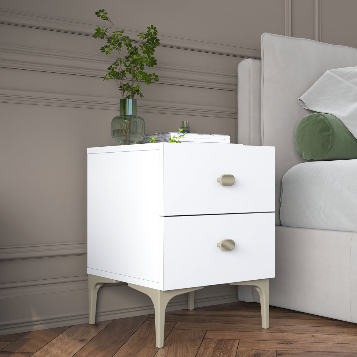 Rani BD110 beyaz 2 çekmeceli ayaklı modern yatak odası komodini
