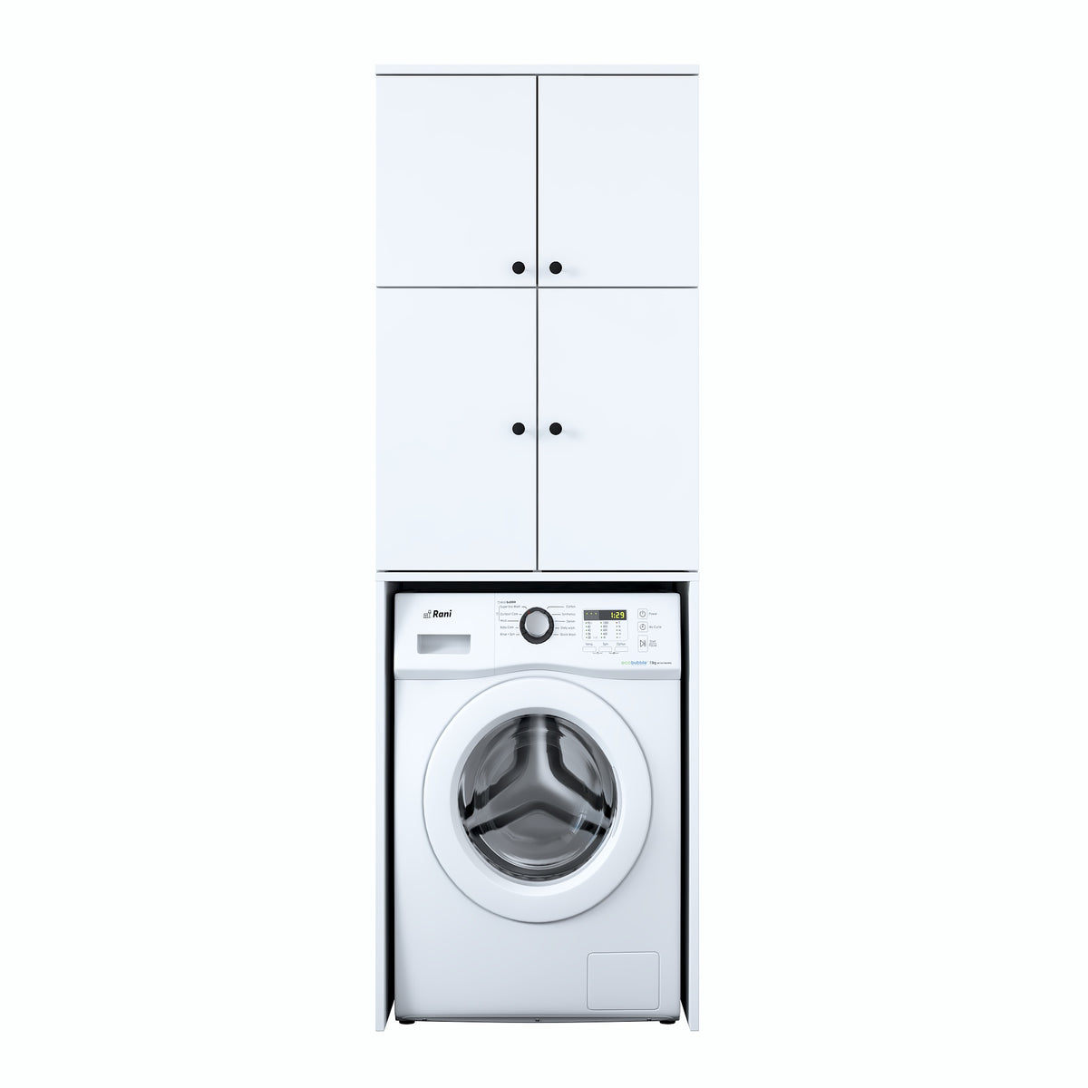 Rani KD114 beyaz çamaşır makinesi dolabı, 4 kapaklı, 5 raflı banyo dolabı, düzenli ve fonksiyonel depolama için ideal