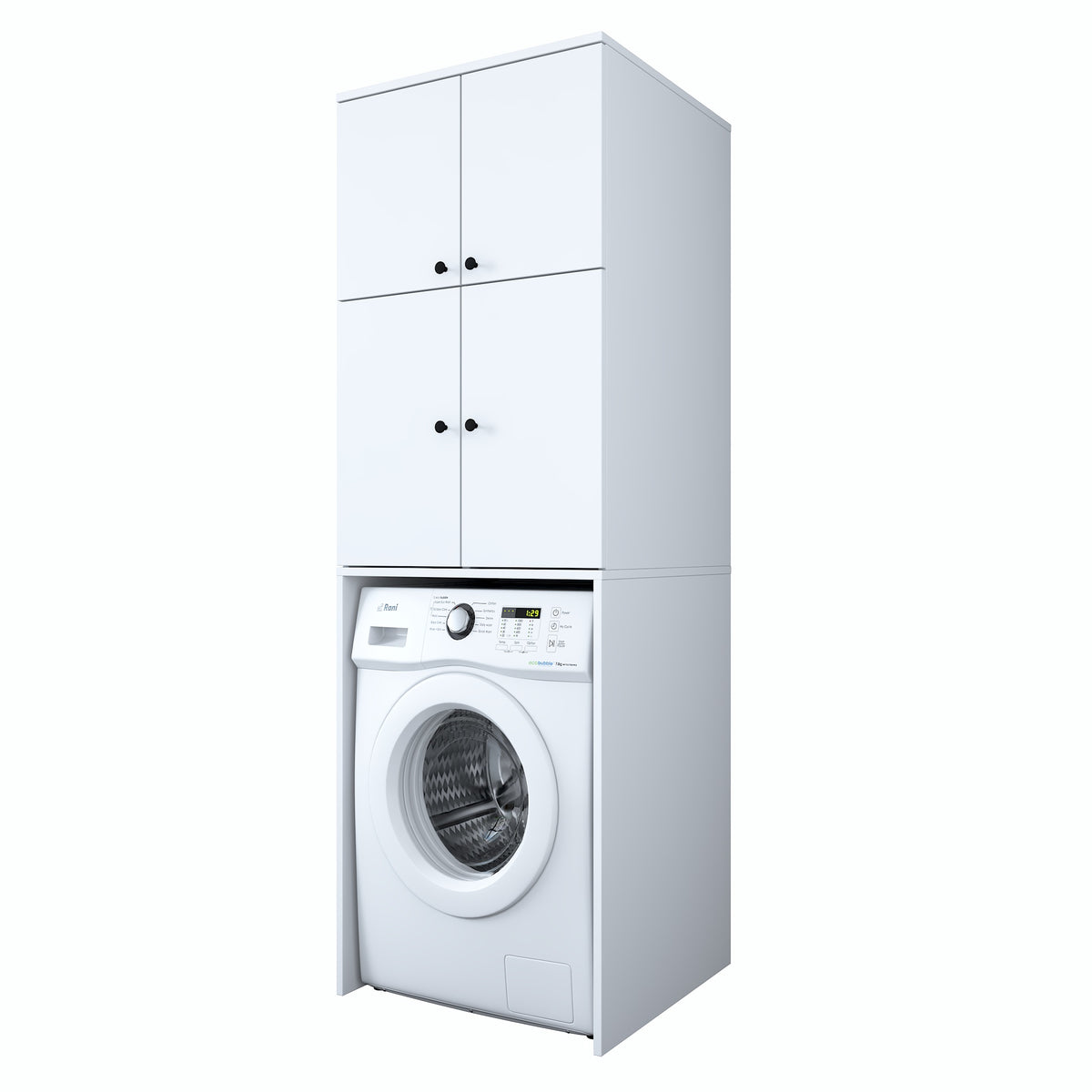 Rani KD114 beyaz çamaşır makinesi dolabı, 4 kapaklı, 5 raflı banyo dolabı, düzenli ve fonksiyonel depolama için ideal