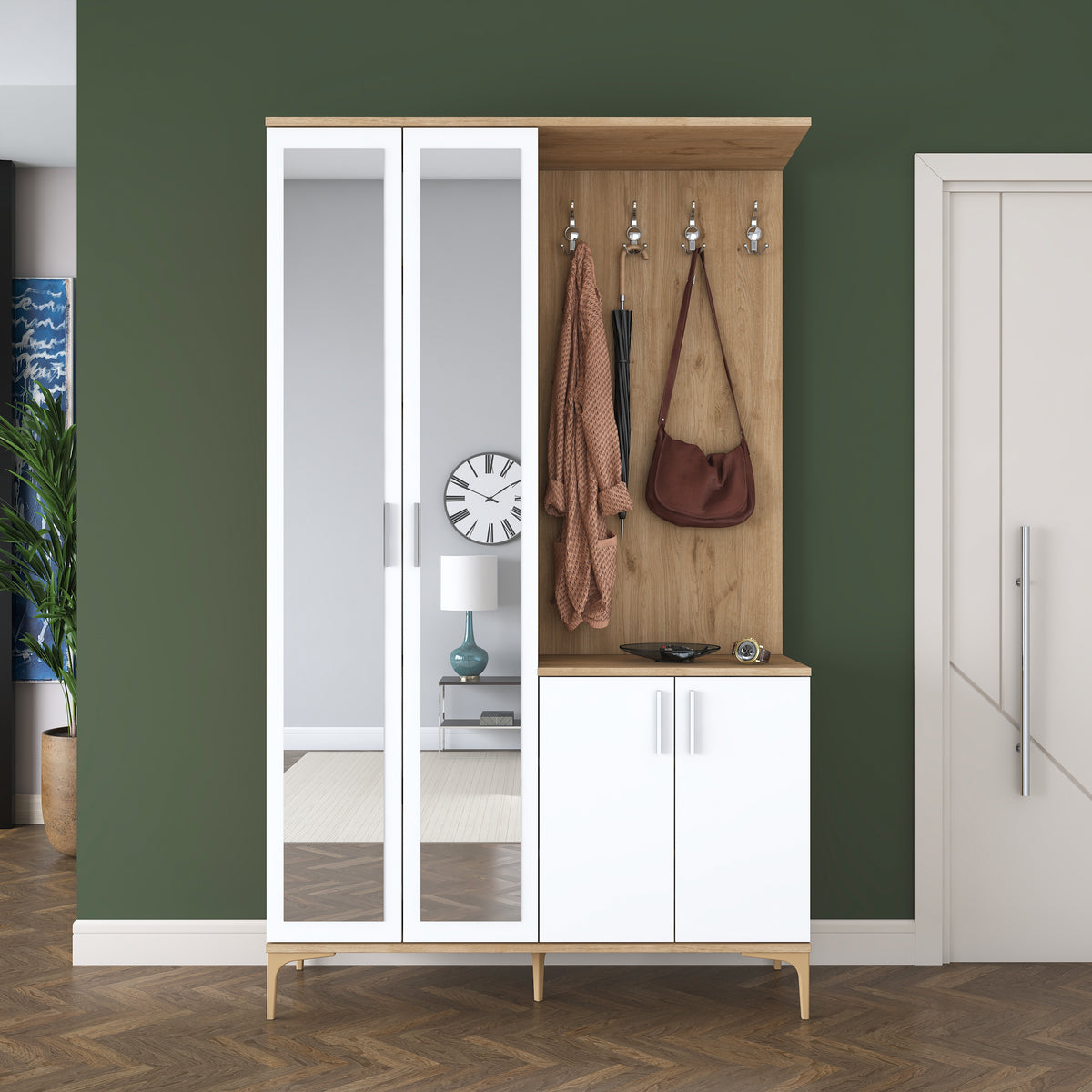 Rani EA147 modern portmanto 4 kapaklı aynalı vestiyer sepet ceviz beyaz