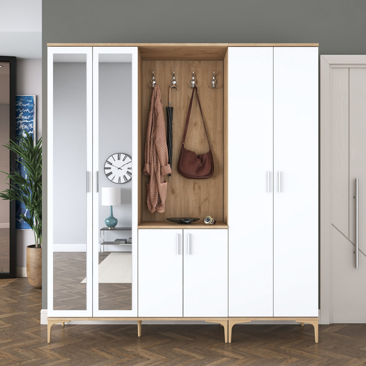 Rani EA154 modern aynalı raflı askılı portmanto ayakkabılık vestiyer sepet ceviz beyaz