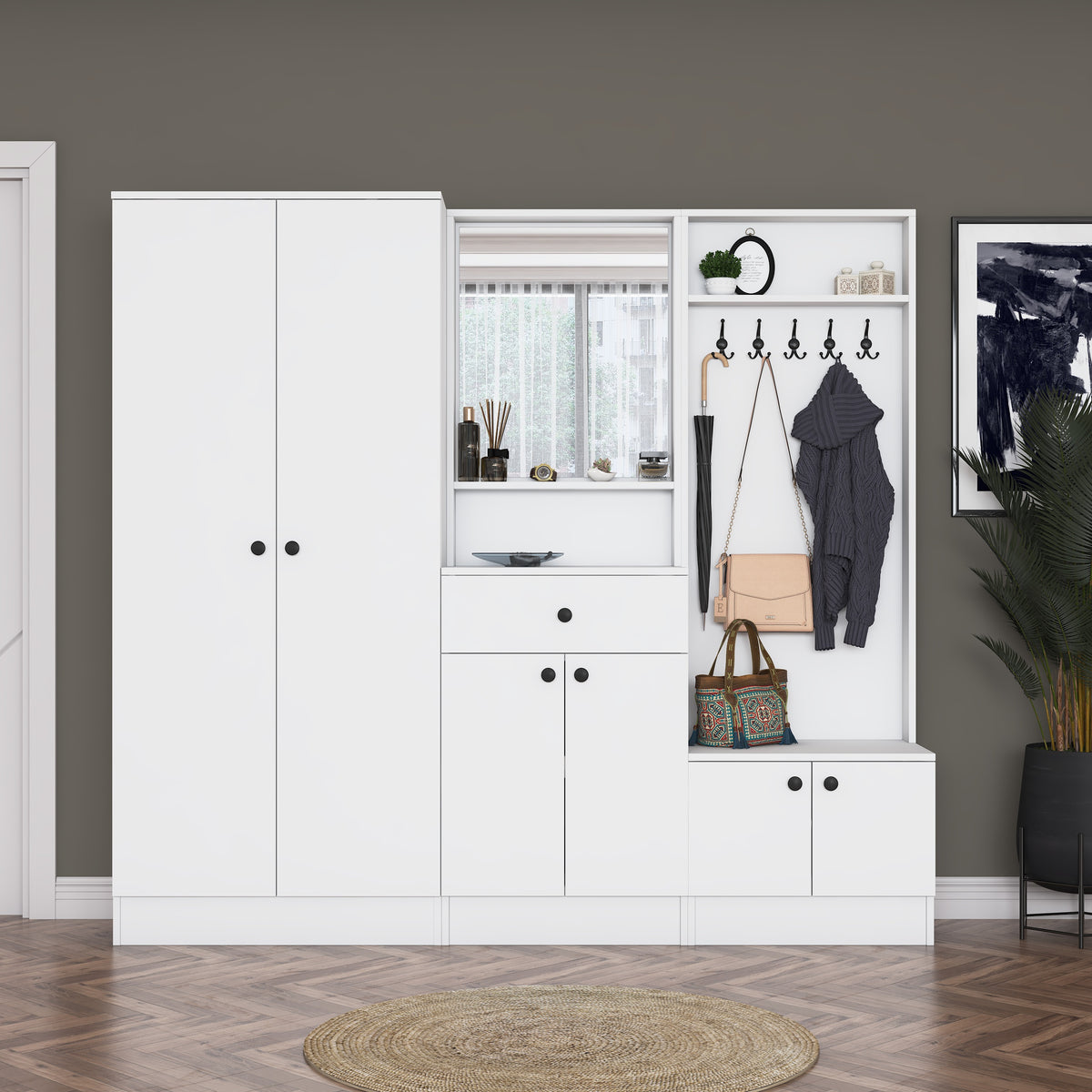 Rani EA152 modern beyaz portmanto çekmeceli aynalı raflı askılı ayakkabılık vestiyer