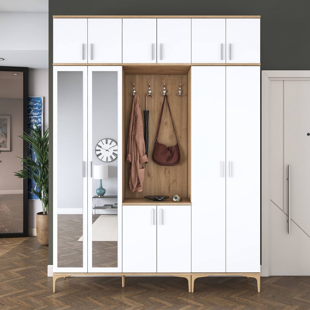 Rani EA155 modern portmanto 12 kapaklı aynalı raflı askılı ayakkabılık vestiyer sepet ceviz beyaz