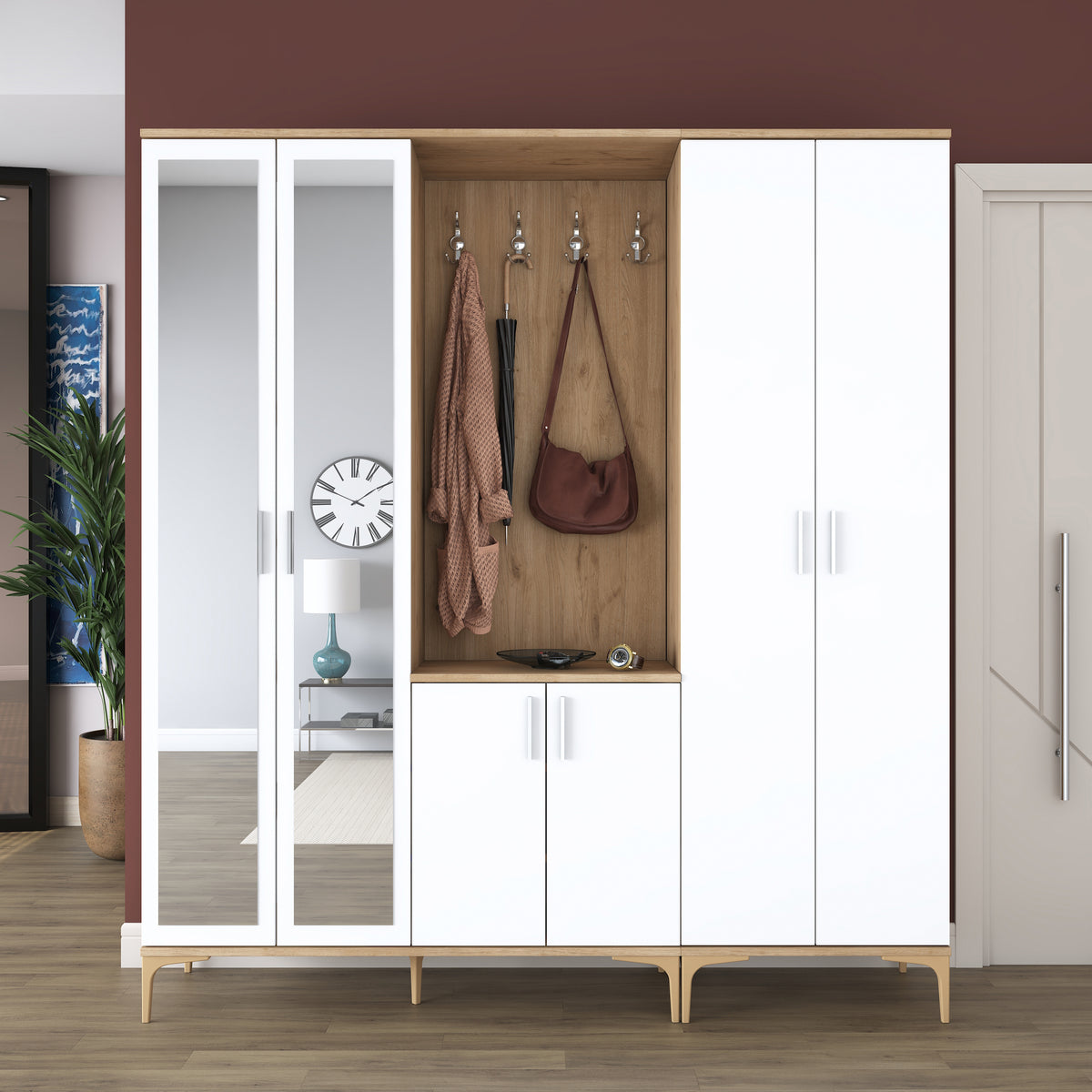 Rani EA156 aynalı raflı askılı portmanto ayakkabılık vestiyer sepet ceviz beyaz