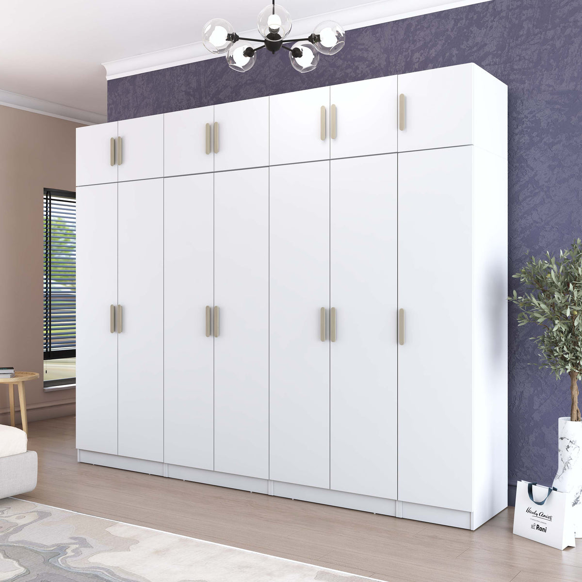 Rani BA215 Modüler Gardırop 7 Kapaklı Raflı Askılı Elbise Dolabı Beyaz