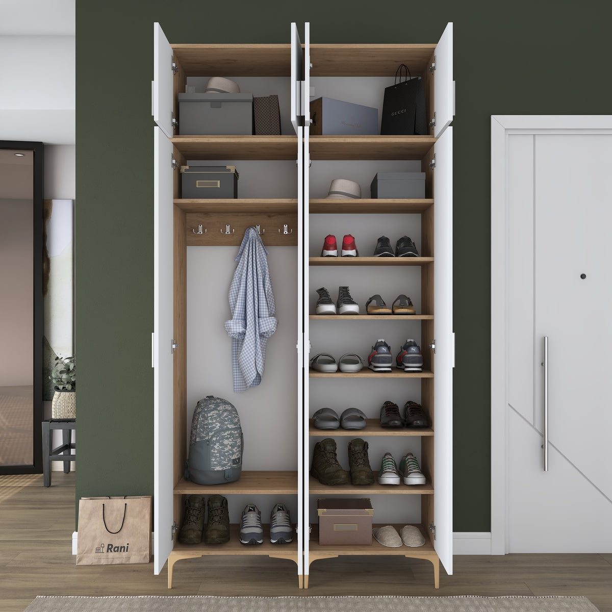 Rani EA161 Modern Portmanto 8 Kapaklı 8 Raflı 4 Askılı Ayakkabılık Vestiyer Sepet Ceviz - Beyaz