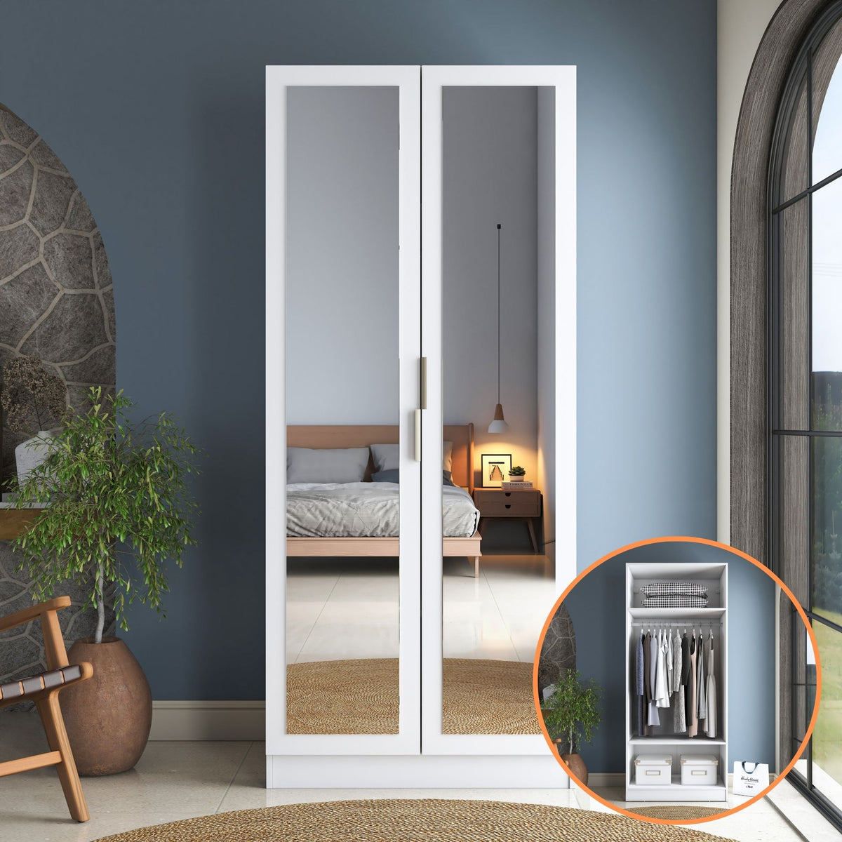 Rani BA232 Ayna Kapaklı Gardırop 2 Raflı Askılı 2 Kapaklı Elbise Dolabı Beyaz