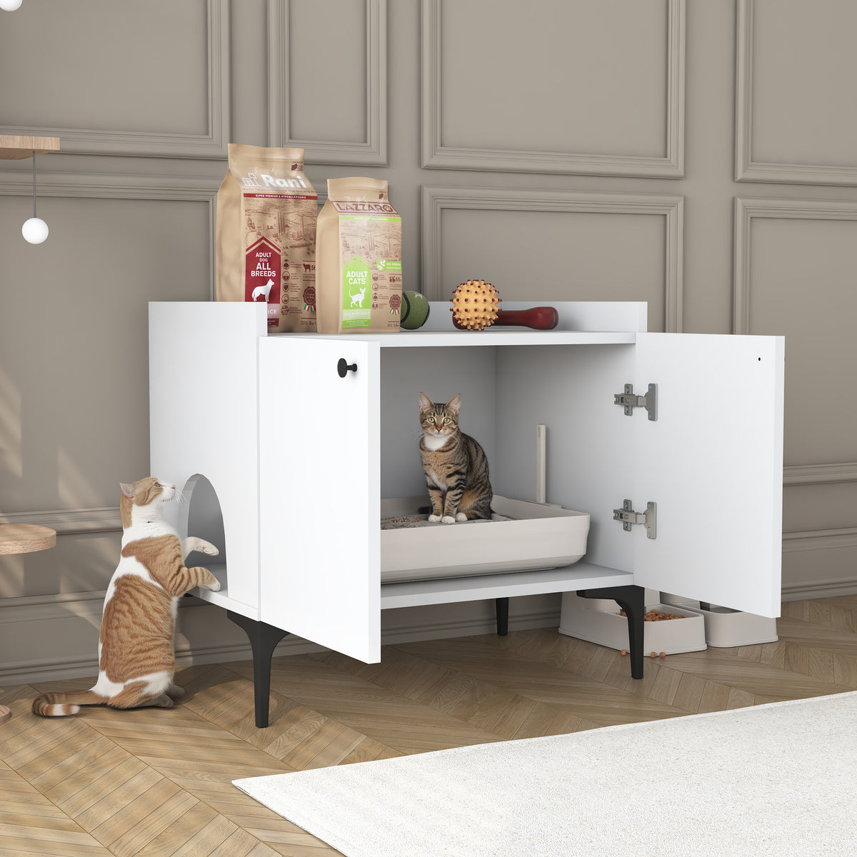 Rani PA101 Kedi Mobilyası Çok Amaçlı Dolap Gizli Kedi Tuvalet Dolabı Kedi Evi Beyaz
