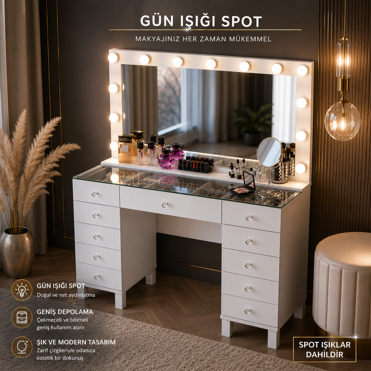 Rani BJ199 Hollywood Işıklı Aynalı Kulis Makyaj Masası Cam Tablalı 11 Çekmeceli Takı Düzenleyici Günışığı