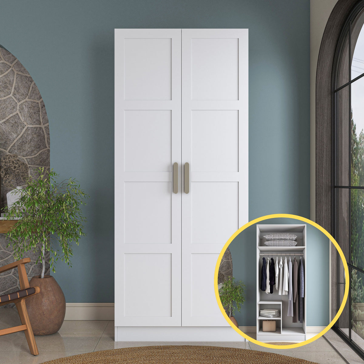 Rani BA227 Membran Kapaklı Gardırop 2 Raflı 2 Kapaklı Askılı Elbise Dolabı Beyaz