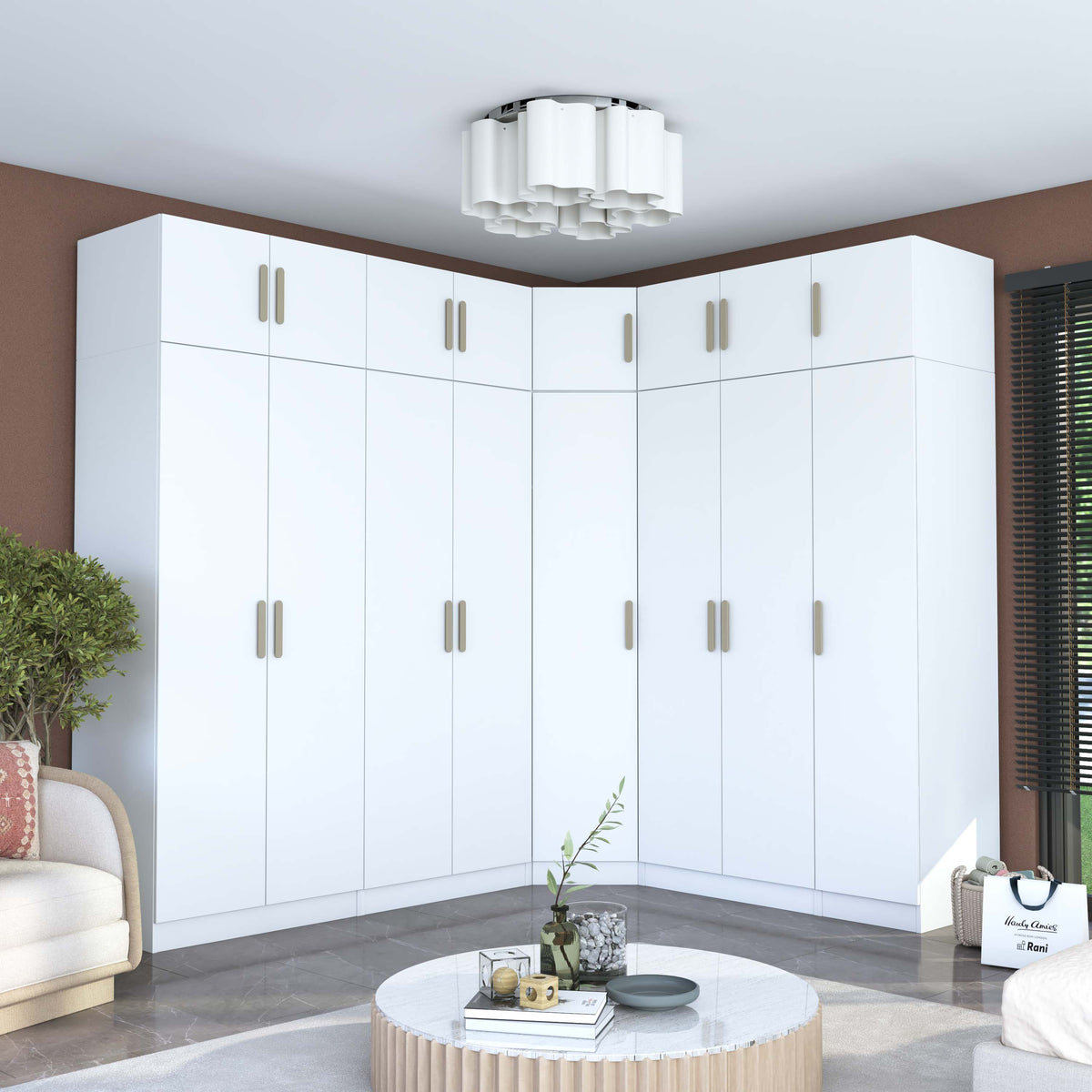 Rani BA214 Modüler Gardırop 8 Kapaklı Raflı Askılı Çekmeceli Elbise Dolabı Beyaz
