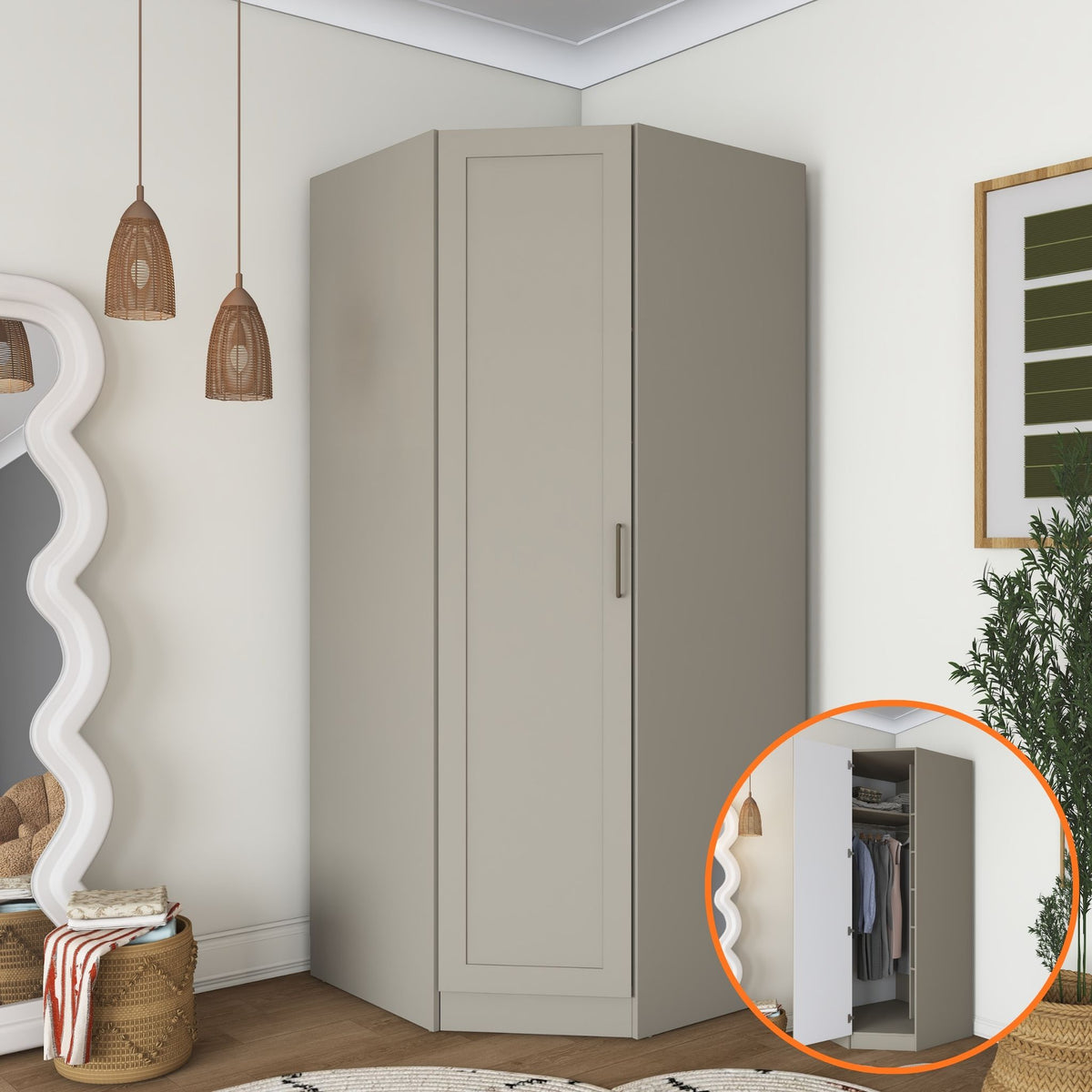 Rani BA311 Membran Kapaklı Köşe Modül Gardırop Tek Kapaklı 6 Raflı Askılı Elbise Dolabı Kumtaşı