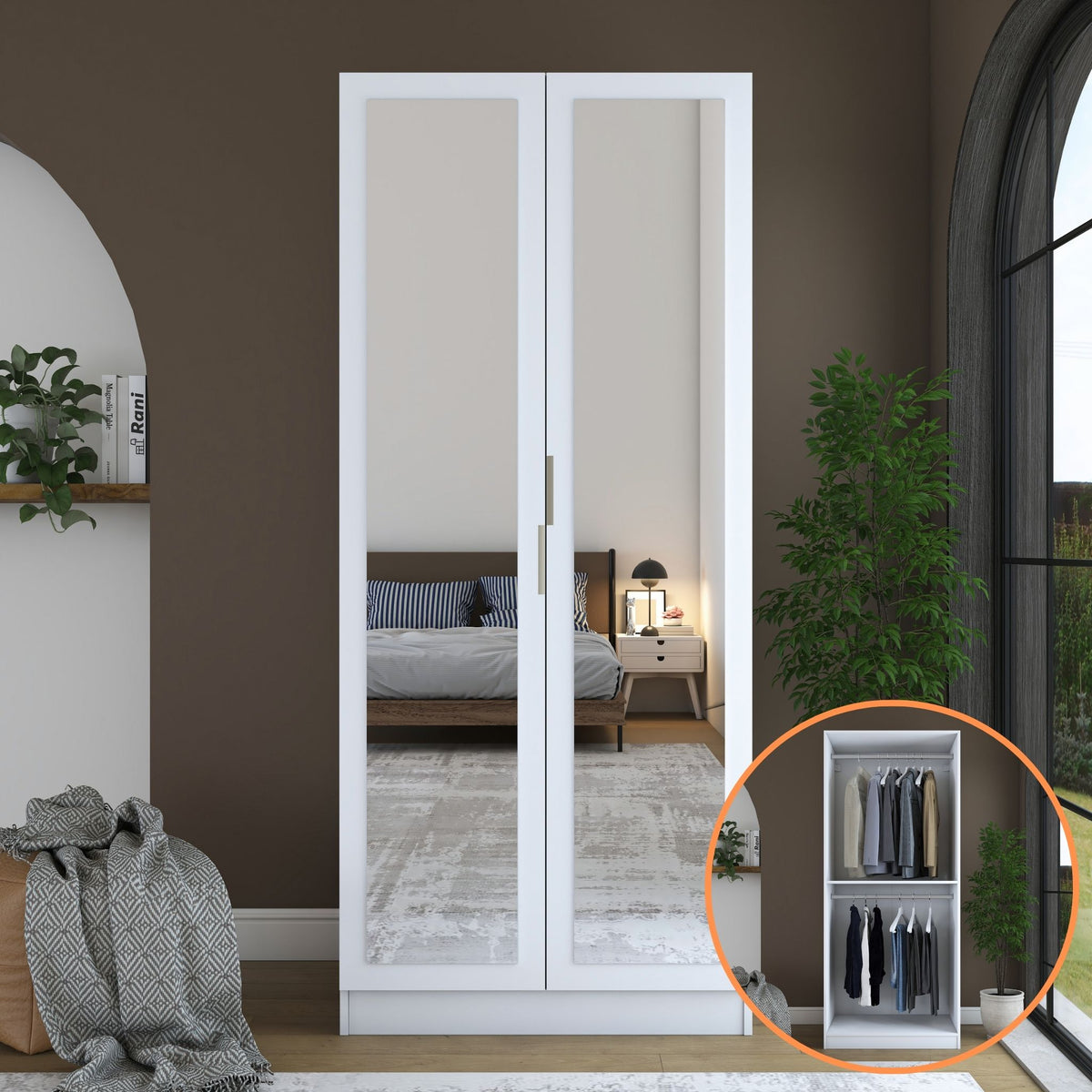 Rani BA230 Ayna Kapaklı Gardırop Raflı 2 Askılı 2 Kapaklı Elbise Dolabı Beyaz