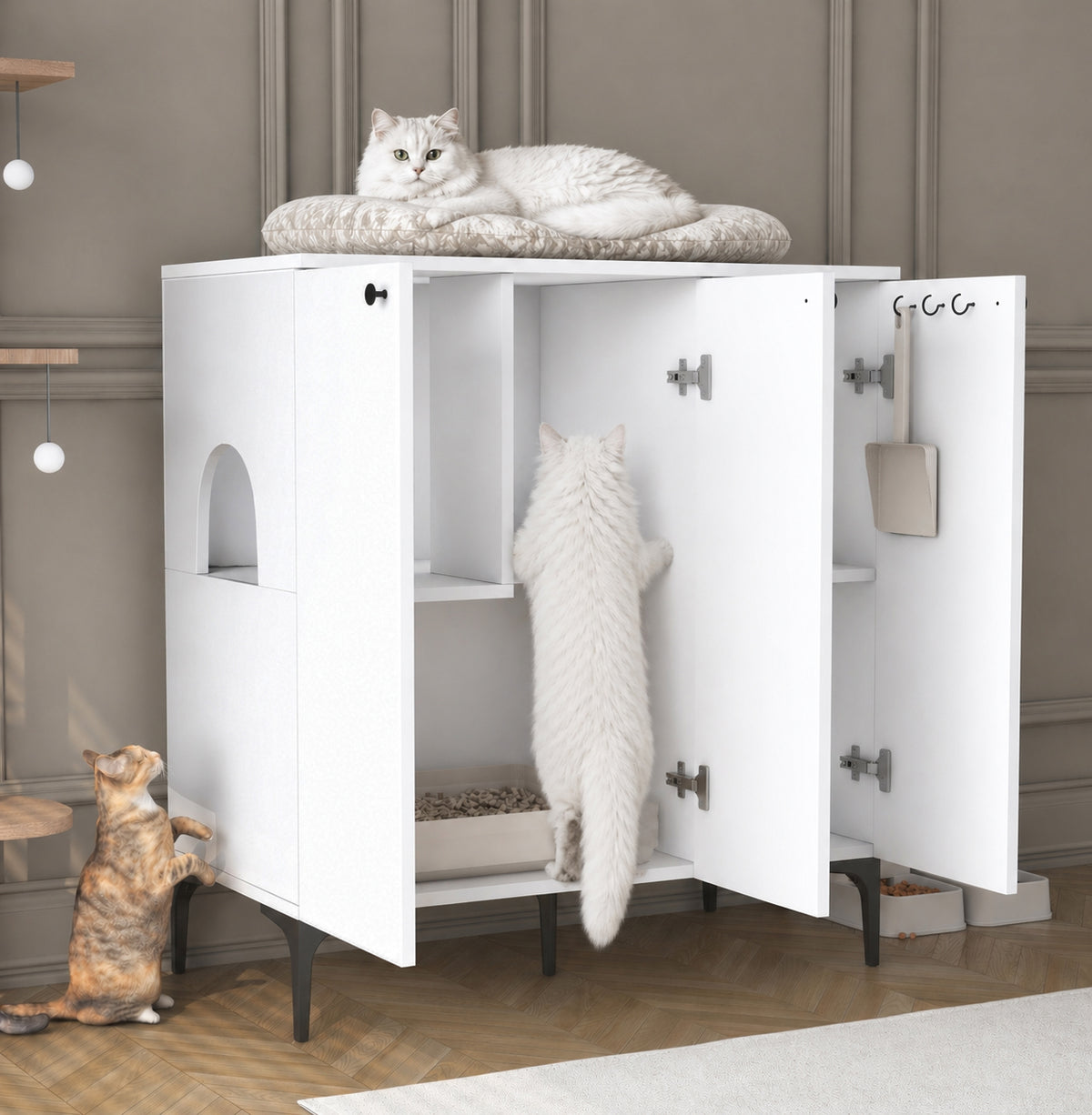 Modern beyaz tasarımlı gizli kedi tuvalet dolabı ve çok amaçlı kedi evi