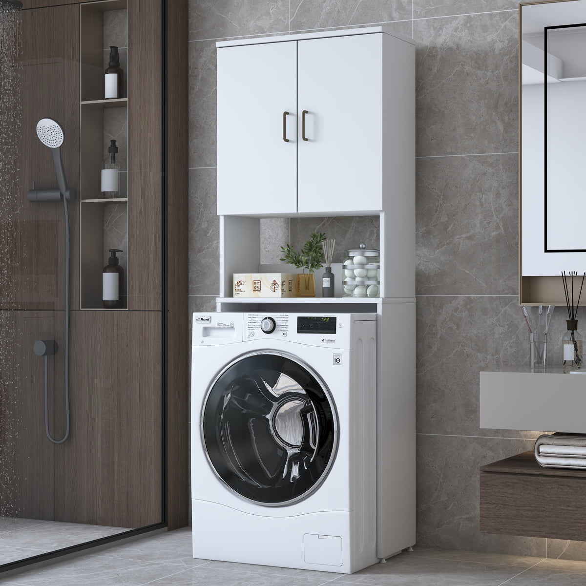 Rani KD139 Çamaşır Makinesi Dolabı 2 Kapaklı 2 Raflı Banyo Dolabı Beyaz