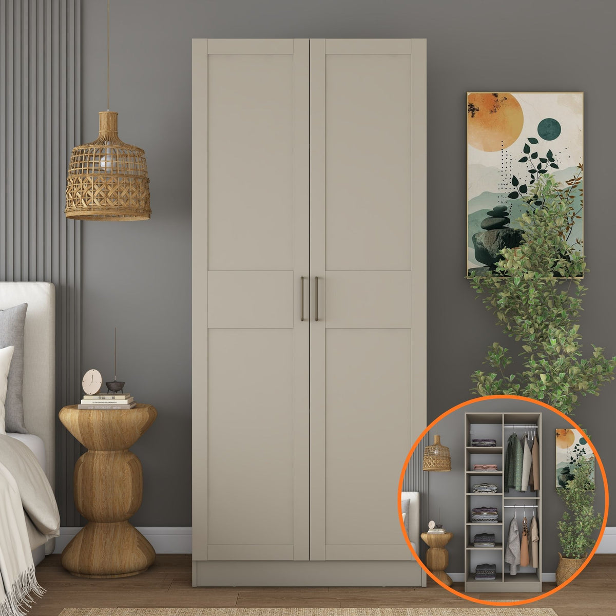Rani BA291 Membran Kapaklı Gardırop 2 Kapaklı 6 Raflı 2 Askılı Elbise Dolabı Kumtaşı