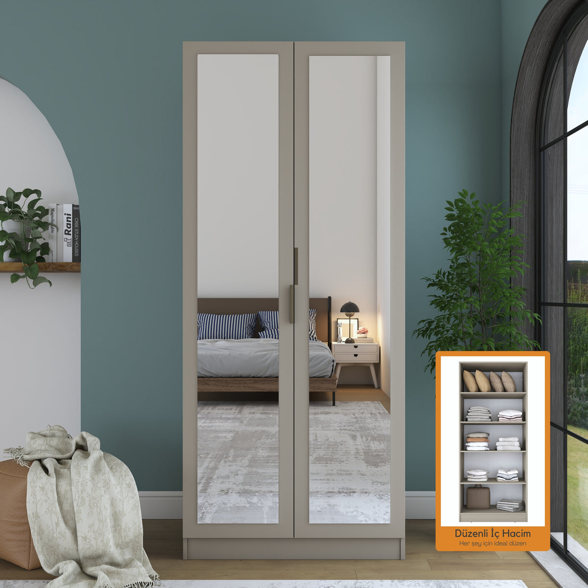 Rani BA366 Gardırop Aynalı 2 Kapaklı 4 Raflı Elbise Dolabı Kumtaşı