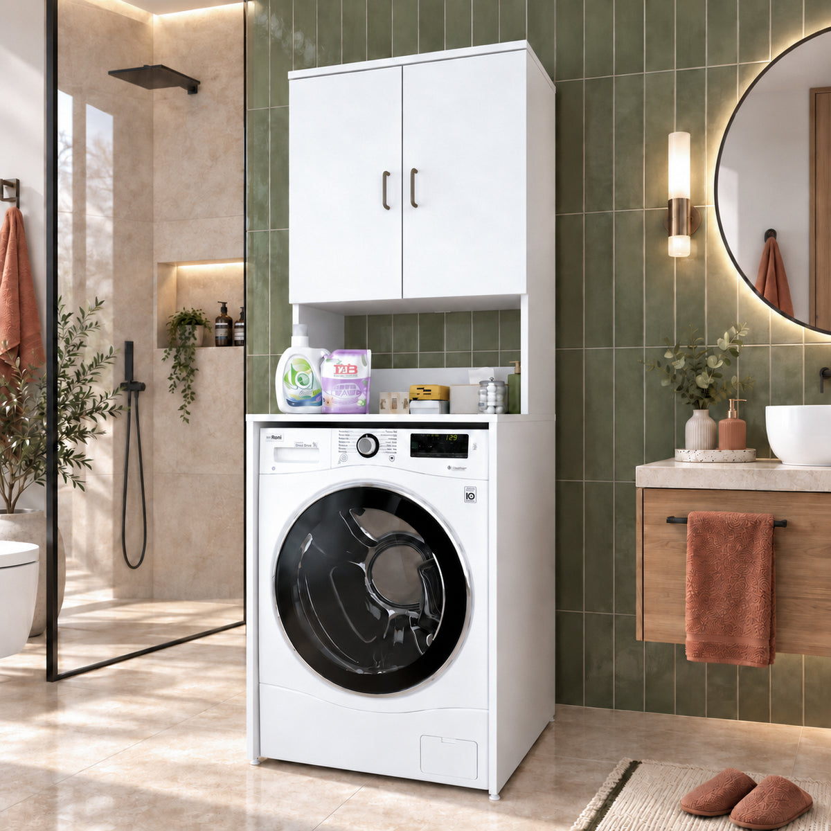 Rani KD136 Çamaşır Makinesi Dolabı 2 Raflı 2 Kapaklı Banyo Dolabı Beyaz