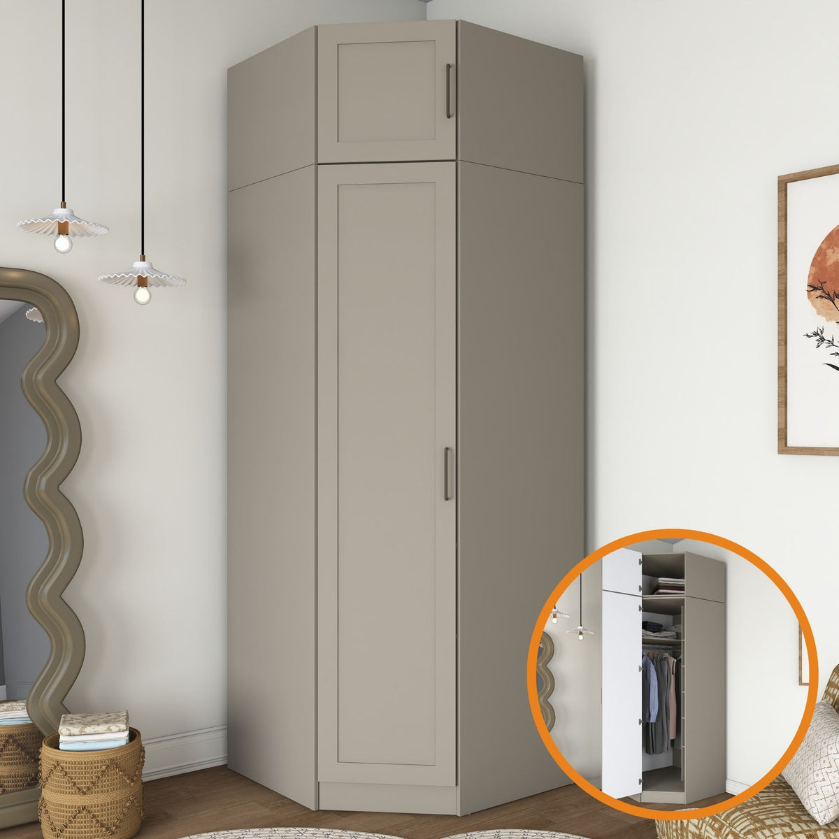 Rani BA324 Membran Kapaklı Köşe Modül Gardırop Tek Kapaklı 7 Raflı Askılı Elbise Dolabı Kumtaşı