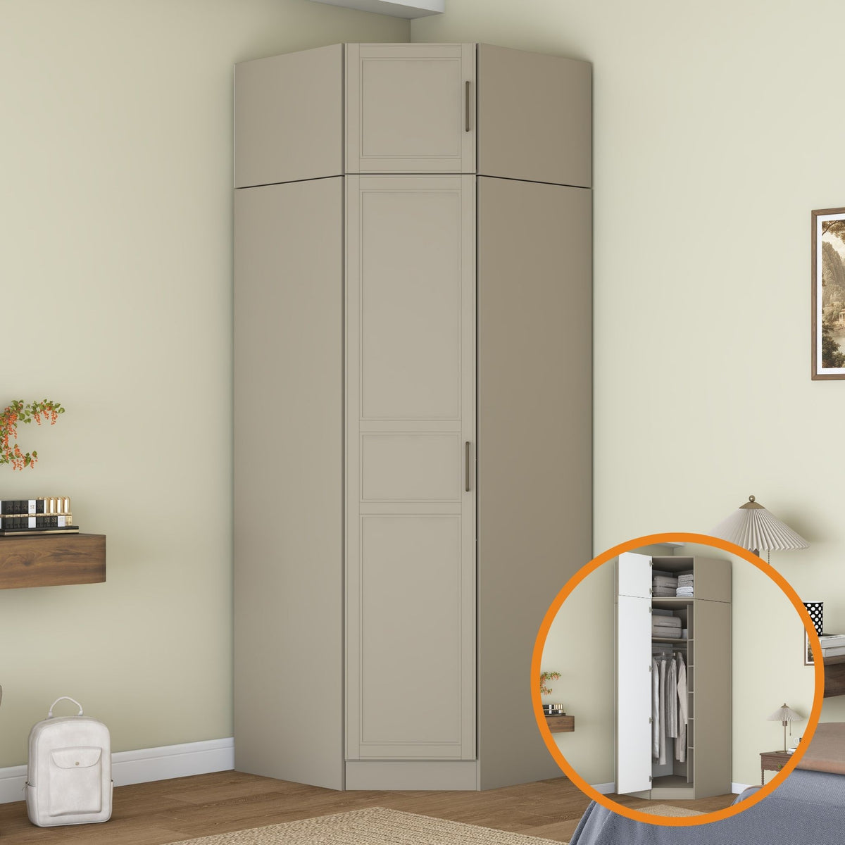 Rani BA355 Membran Kapaklı Köşe Modül Gardırop Tek Kapaklı 7 Raflı Askılı Elbise Dolabı Kumtaşı