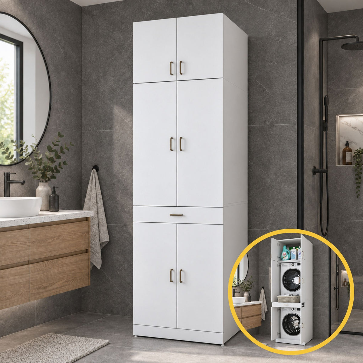 Rani KD146 Çamaşır Ve Kurutma Makinesi Dolabı 4 Kapaklı Çekmeceli Banyo Dolabı Beyaz