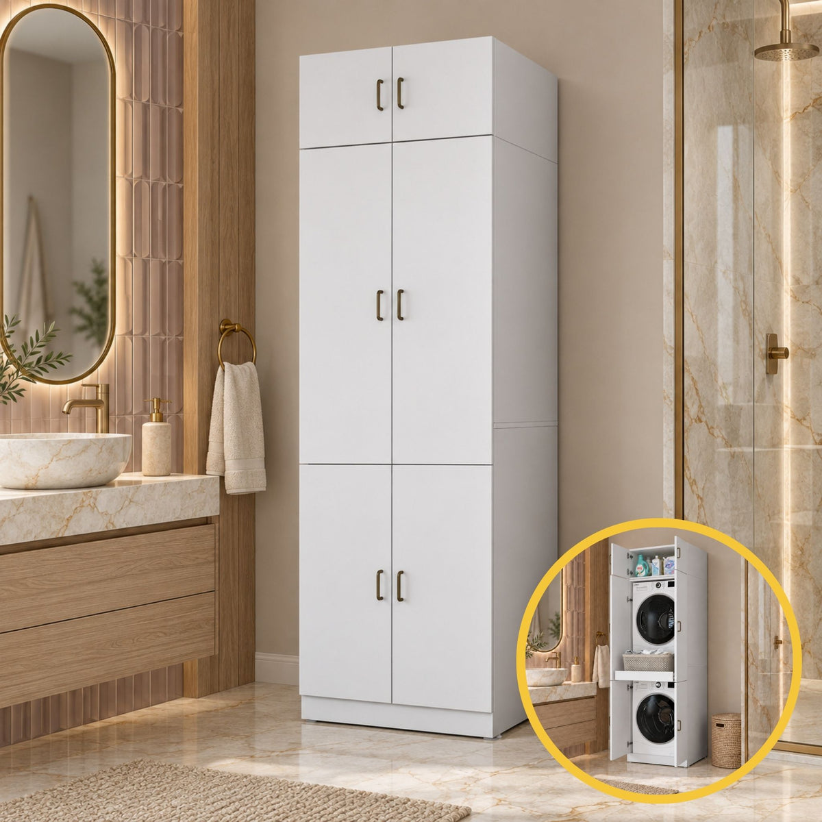 Rani KD142 Çamaşır Ve Kurutma Makinesi Dolabı 6 Kapaklı Çekmeceli Raflı Banyo Dolabı Beyaz