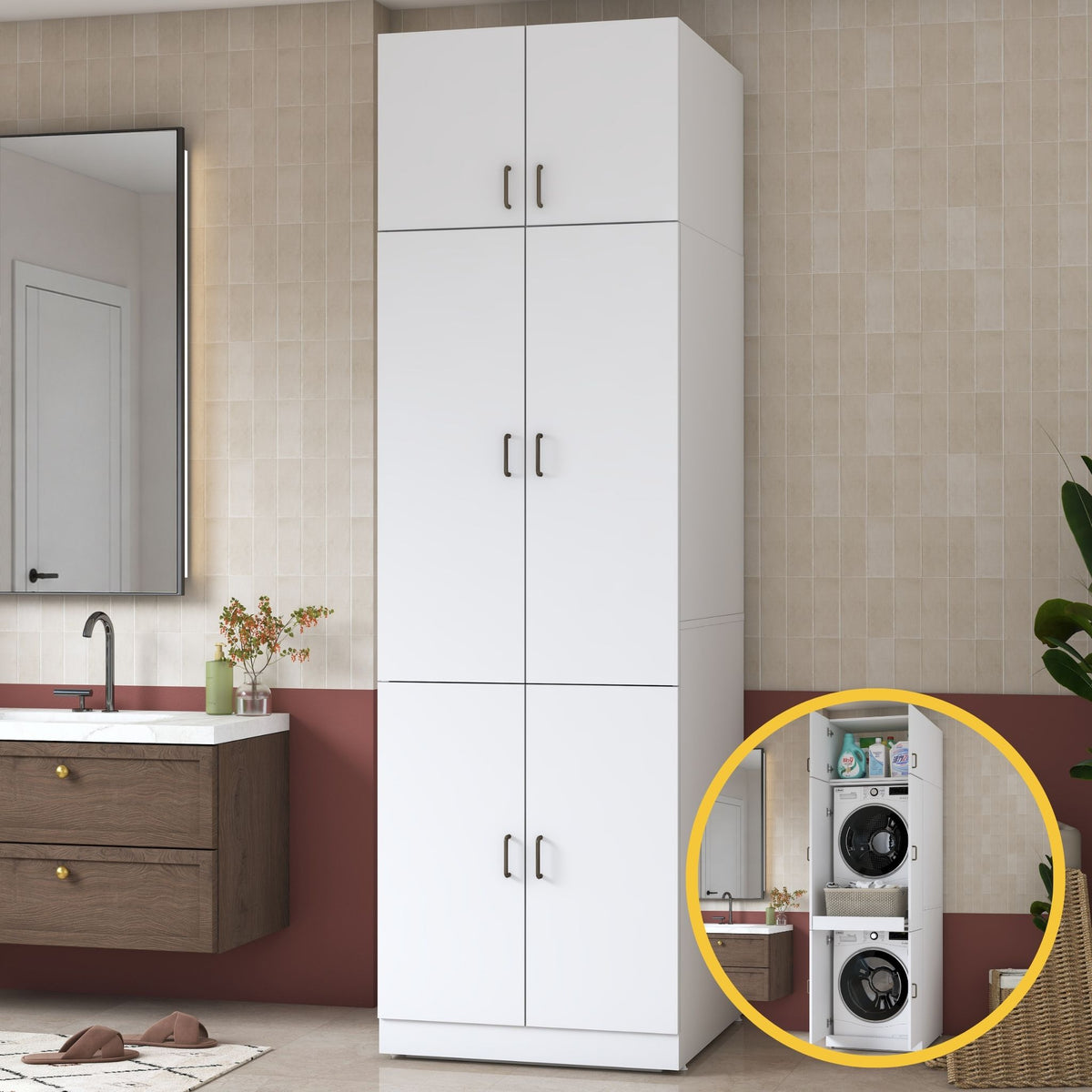 Rani KD145 Çamaşır Ve Kurutma Makinesi Dolabı 4 Kapaklı Çekmeceli Banyo Dolabı Beyaz