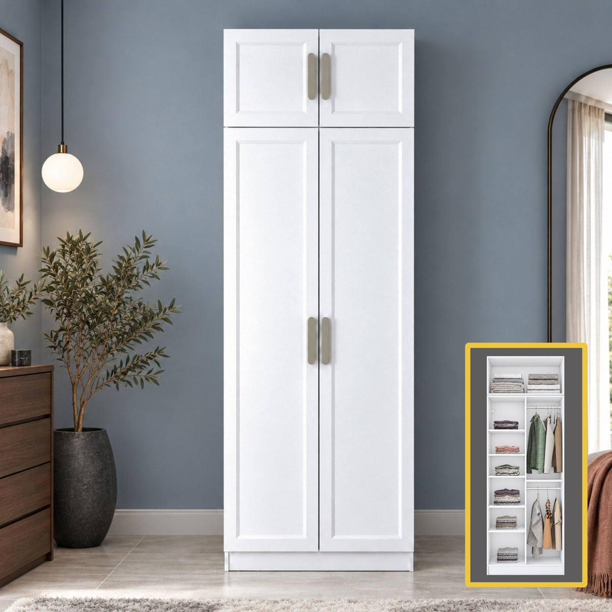 Rani BA426 Membran Kapaklı Gardırop 7 Raflı 2 Kapaklı 2 Askılı Elbise Dolabı Beyaz