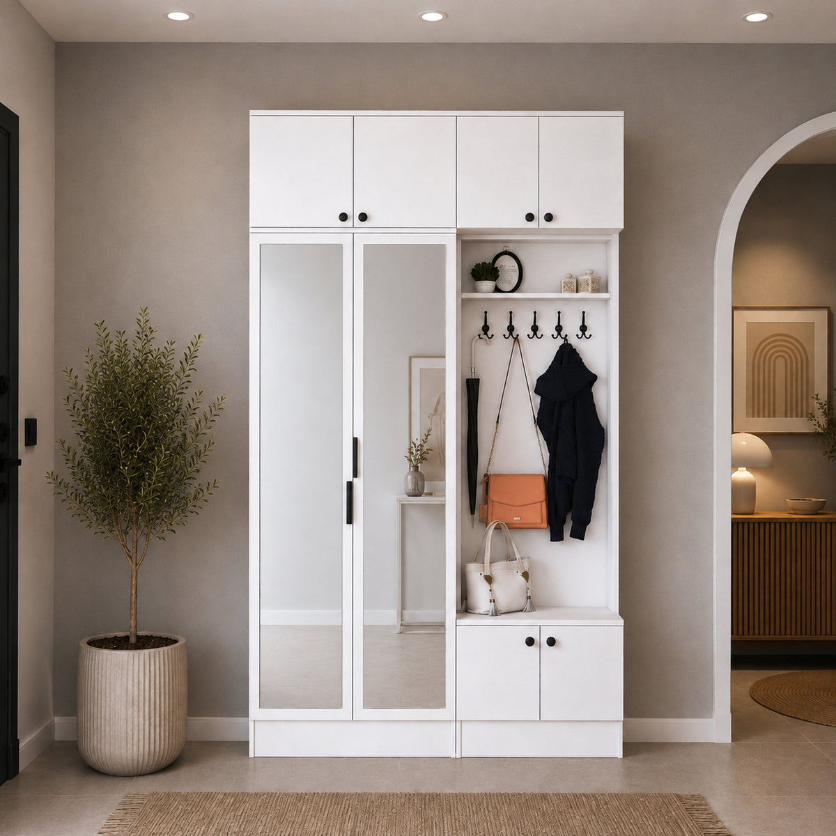 Rani EA166 Modern Portmanto 8 Kapaklı Aynalı Raflı Askılı Ayakkabılık Vestiyer Beyaz