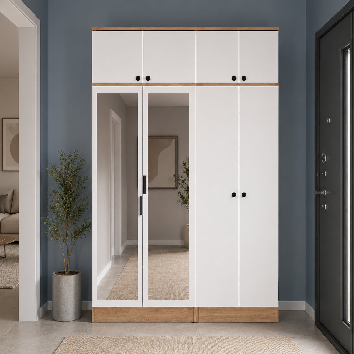 Rani EA164 Modern Portmanto 8 Kapaklı Aynalı Raflı Askılı Ayakkabılık Vestiyer Sepet Ceviz - Beyaz
