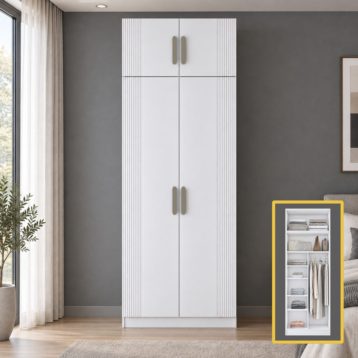 Rani BA408 Membran Kapaklı Gardırop 2 Kapaklı 6 Raflı Askılı Elbise Dolabı Beyaz