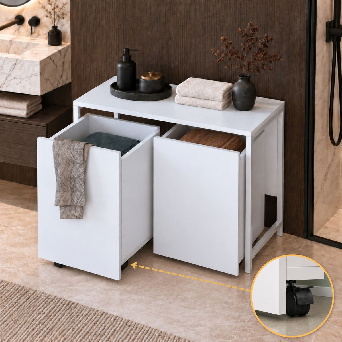 Rani KC128 Tekerlekli Kirli Çamaşır Dolabı 2 Bölmeli Banyo Dolabı Beyaz
